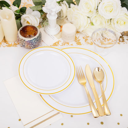 GATHER 176 Pieces Gold Dinnerware Disposable - White and Gold Plastic Plates Includes 50 Plates, 25 Plastic Silverware, 25 Napkins, 25 Cups and 1 Tablecloth for Wedding Party