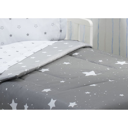 Delta 4-Piece Reversible Toddler Bedding Set - Fitted Sheet, Top Sheet, Pillowcase, 2-in-1 Comforter - For Boys, Dusty Skies & Grey Stars