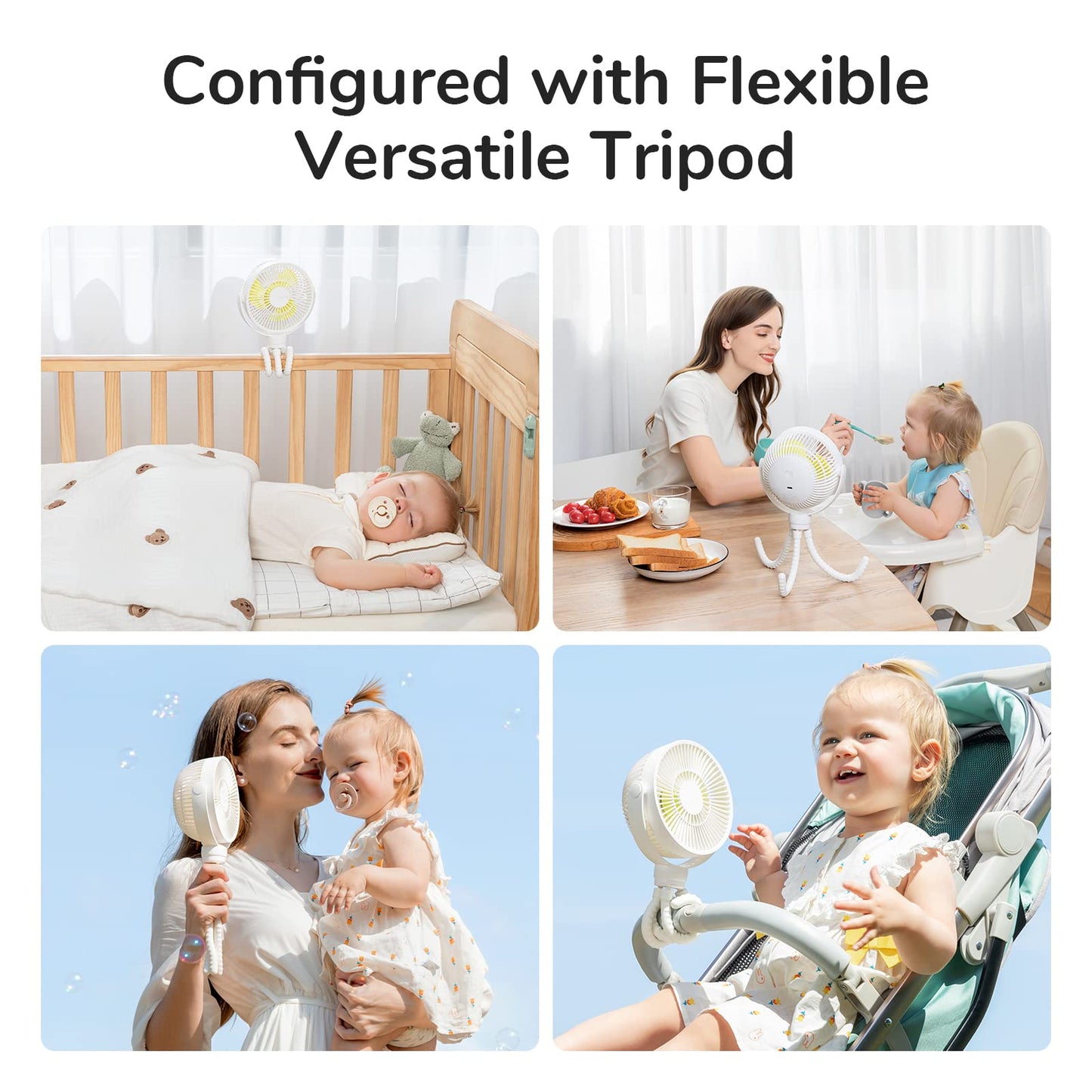 JISULIFE Mini Stroller Fan 4000mAh Battery Operated with 4 Speeds, Rechargeable 720°Rotatable, Clip on for Baby Carseat/Crib/Golf Cart/Treadmill -White