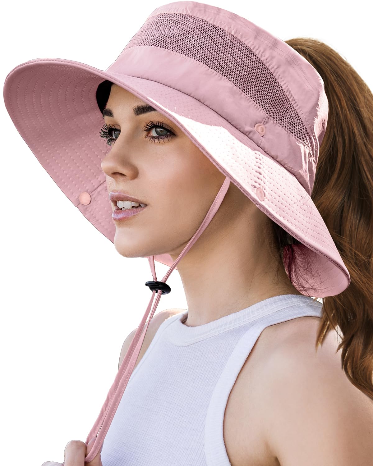 Beach Sun Hats for Women UV Protection with High Ponytail Hole UPF 50+ Fishing Safari Garden Hiking Hat Women Water Resistant Packable Sun Hat Pink