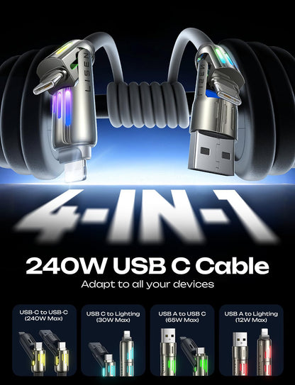LISEN USB C to Lightning Cable, 240W 4 in 1 Charging Cable 6.6FT, Chubby USB A/C to C/Lightning with Light for iPhone Air 17 16 15 14 Pro/MacBook/iPad/Samsung/Switch 2, Multi Chargers for All Devices