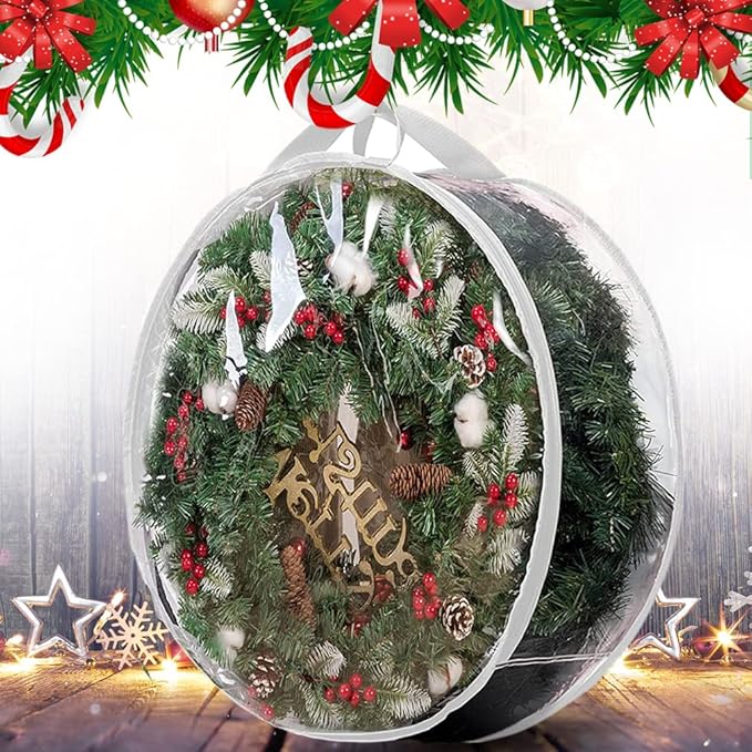 ProPik Christmas Wreath Storage Bag 24" - 2 Pack Clear Xmas Wreath Storage Container - Garland Holiday Artificial Wreath Storage Holder - Water Proof Transparent PVC - with Handles (24 Inch, White)