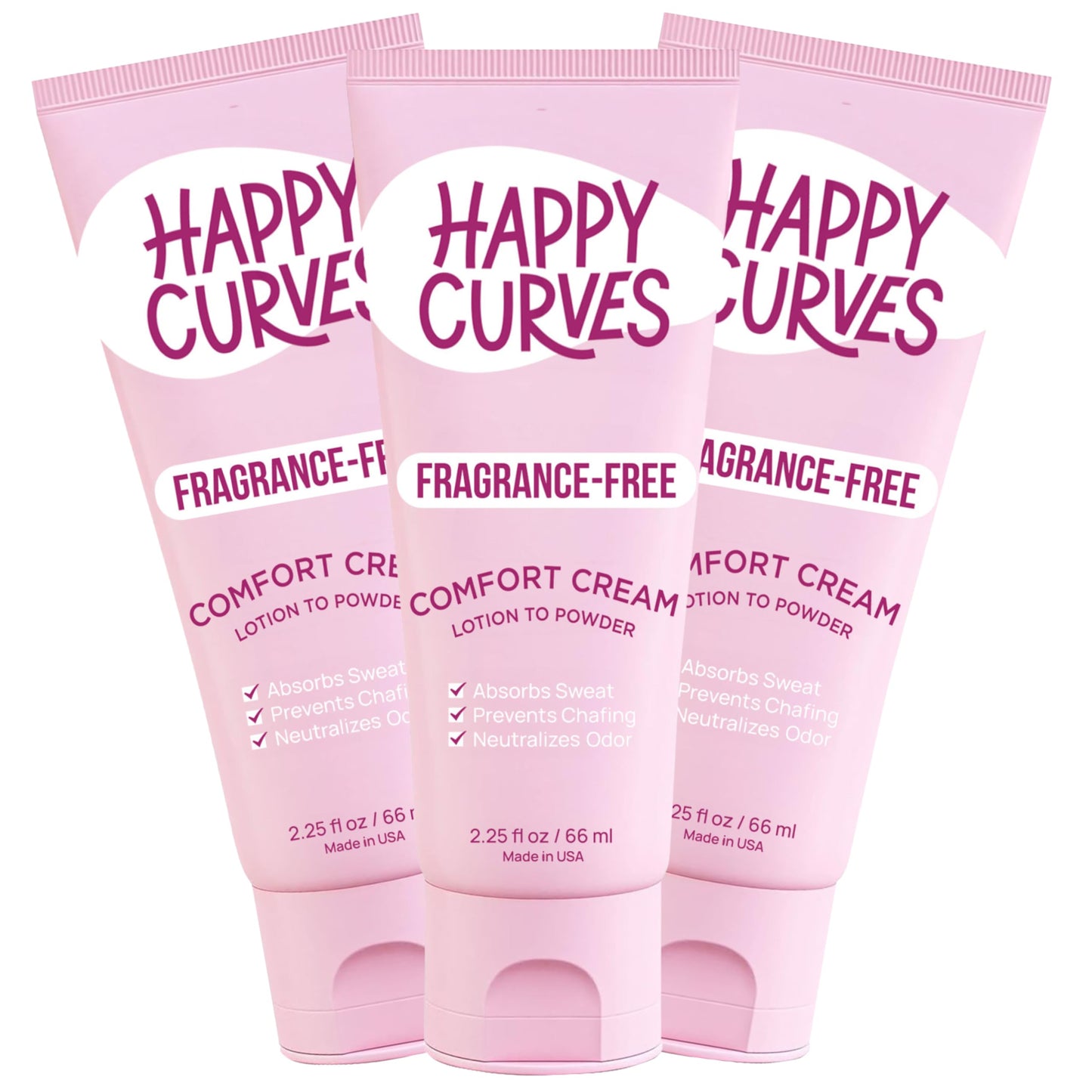 HAPPY CURVES Comfort Cream Deodorant for Women: Aluminum-Free Lotion to Powder for Private Parts, Under Breast, & Body - Anti Chafing Cream 2.25 oz. (3 Pack, Fragrance-Free)