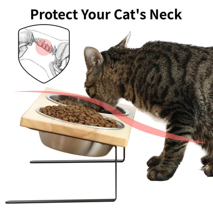 Elevated Cat Bowls, Small Dog 15° Tilted Raised Stainless Steel Bowl Stand, Solid Bamboo Food Water Bowl Set Feeding Station for Pets