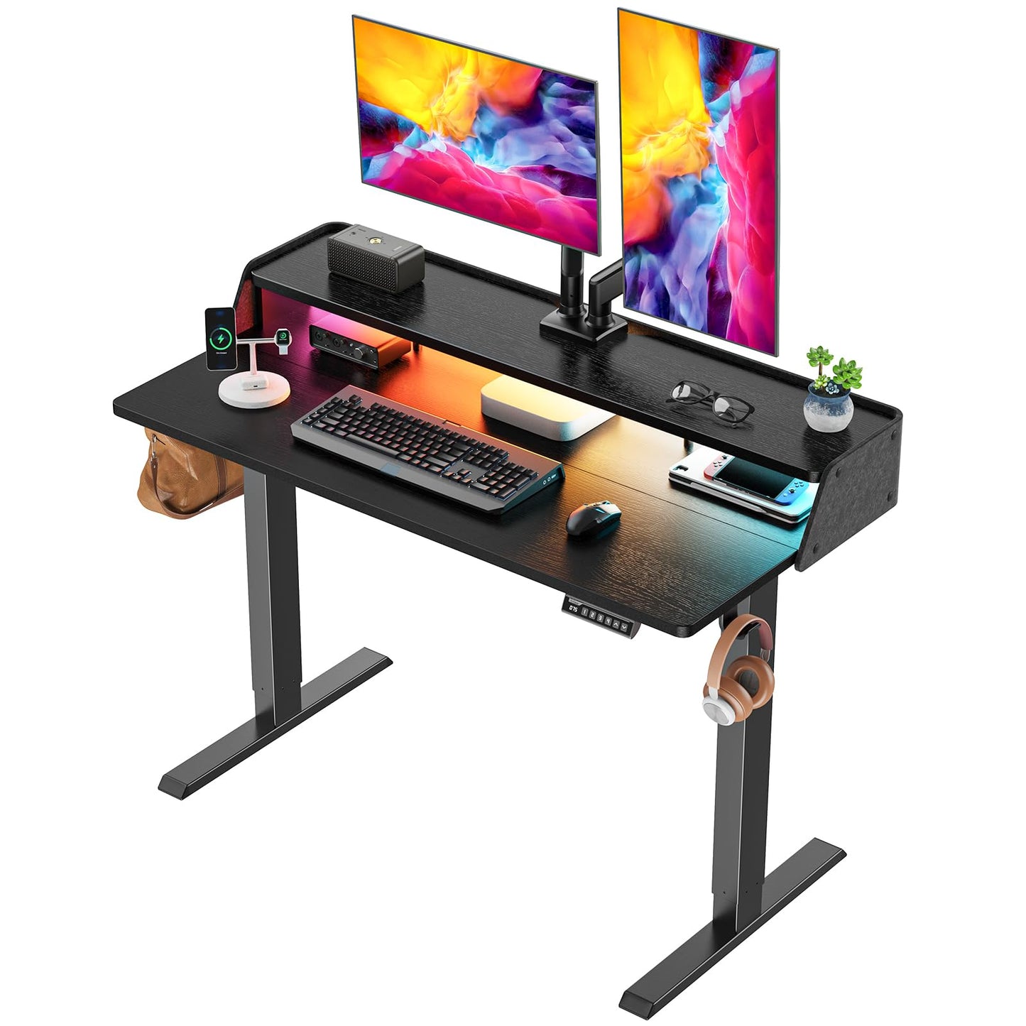 ErGear Standing Desk with LED Strip, 48″ x24″ Electric Height Adjustable RGB Gaming Desk with Shelf, Sit Stand Desk with Dual Cable Holes, C-Clamp Mount Compatible, 4 Preset Heights, Black
