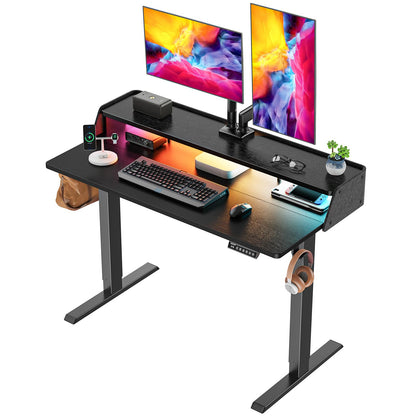 ErGear Standing Desk with LED Strip, 48″ x24″ Electric Height Adjustable RGB Gaming Desk with Shelf, Sit Stand Desk with Dual Cable Holes, C-Clamp Mount Compatible, 4 Preset Heights, Black