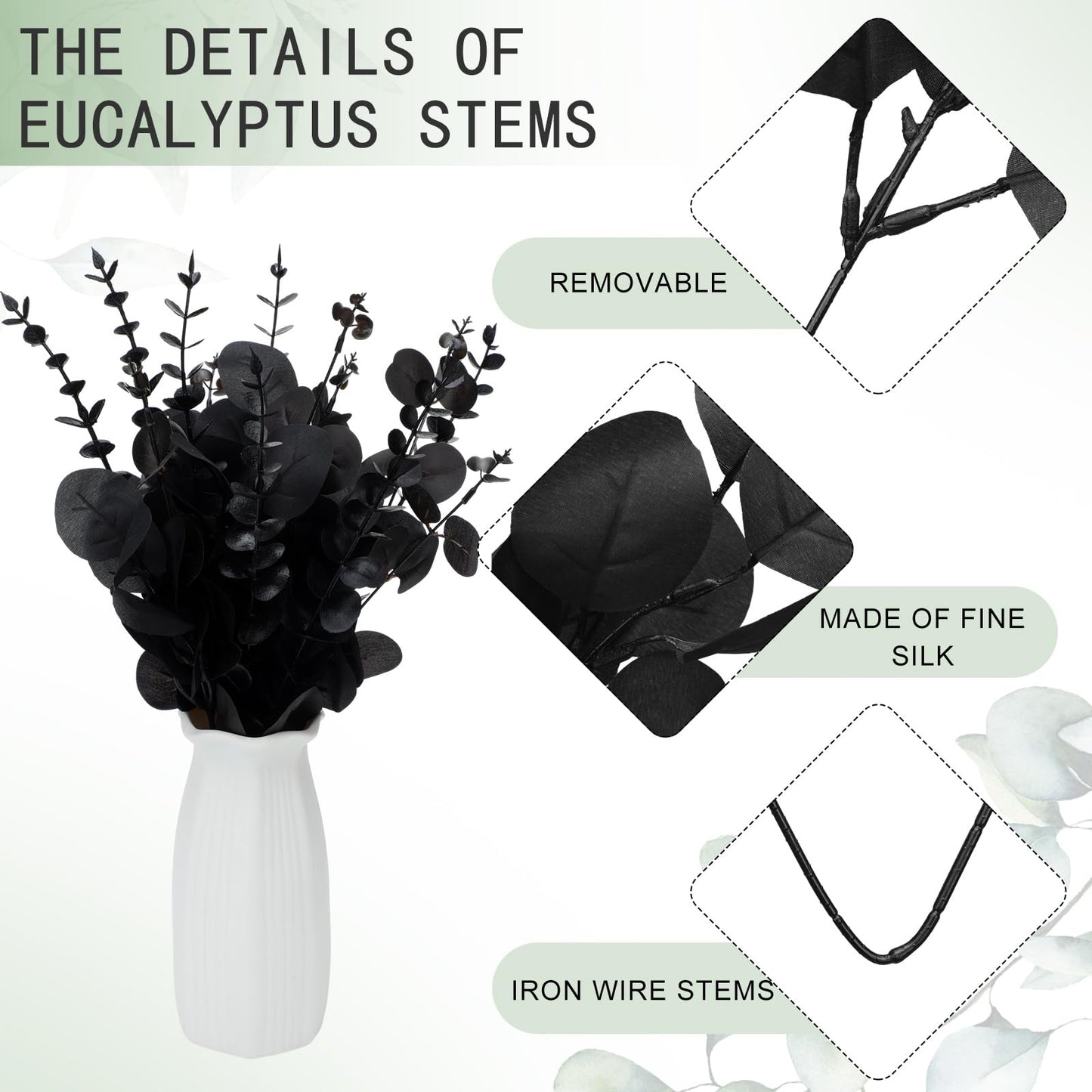 Giegxin 90 Pcs 3 Kinds Mixed Eucalyptus Leaves Stems Bulk Artificial Silver Dollar Leaves Picks Dried Eucalyptus Bundle Faux Spray for Wedding Vase Bouquet Floral Arrangement (Black)