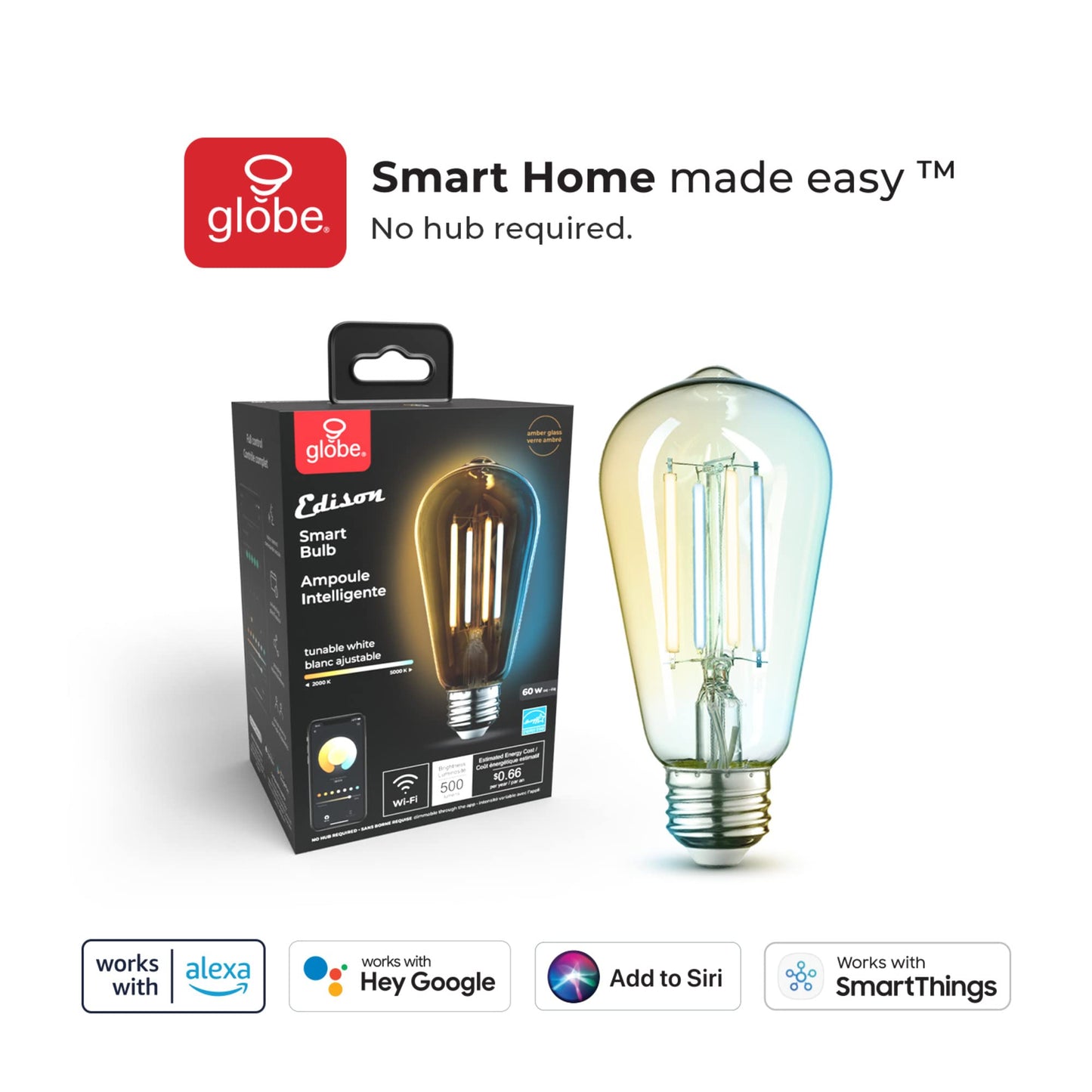 GLOBE Electric 34919 Wi-Fi Smart 5.5W (60W Equivalent) Straight Filament Tunable White Amber Glass LED Light Bulb, No Hub Required, Voice Activated, 2000K - 5000K, Vintage Edison Style, 500 Lumns