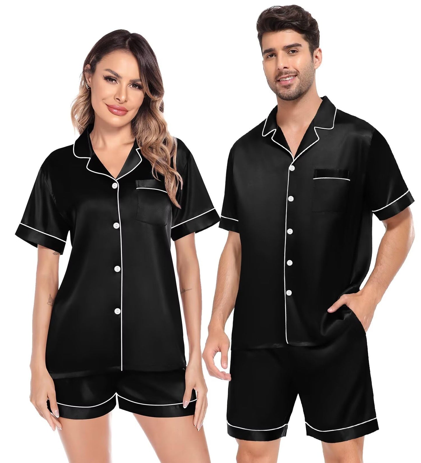 SWOMOG Satin Matching Pajamas Sets Couple Silk Button Down Nightwear Women & Men Short Sleeve Sleepwear 2 Pieces Loungewear Black