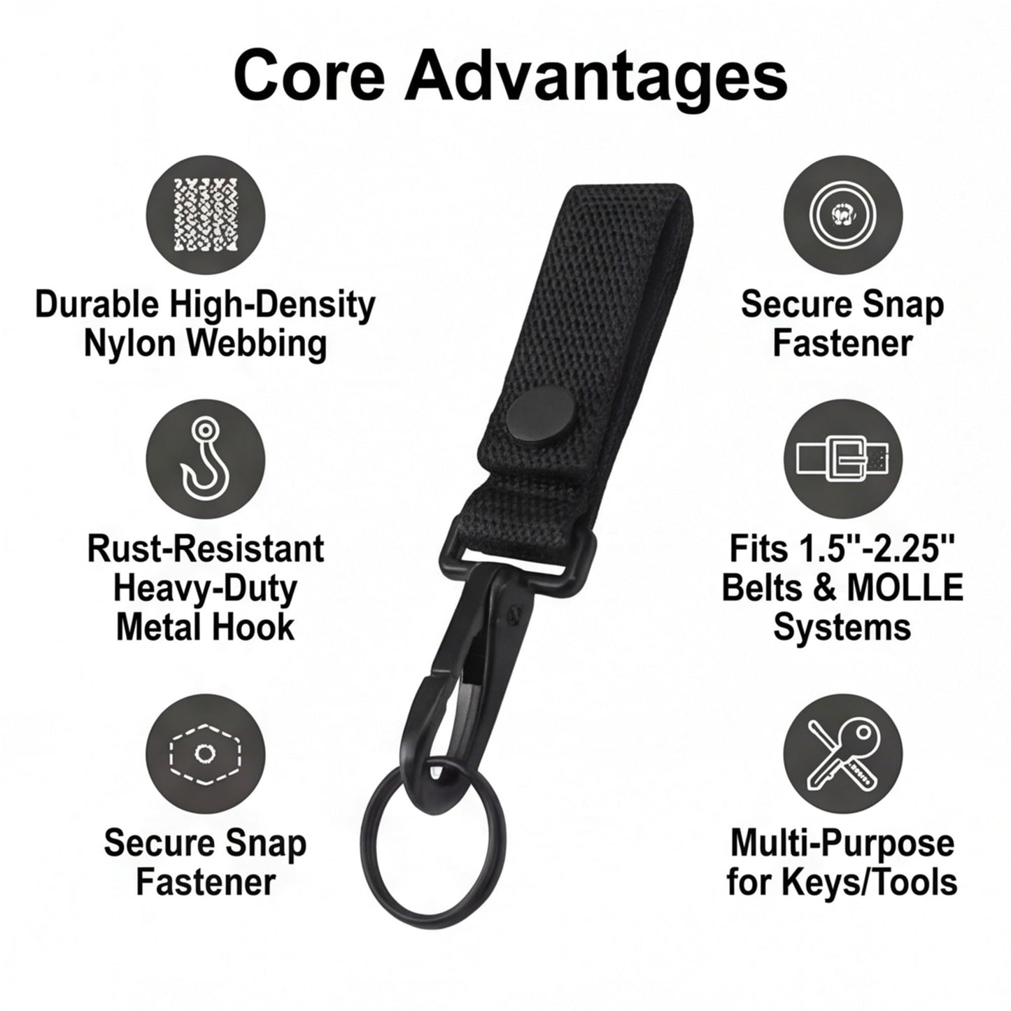 Heavy Duty Belt Keeper Clip Key Holder for Duty Belt with Metal Snap Hook, Key Ring, Police Equipment Accessories, 2 Pack