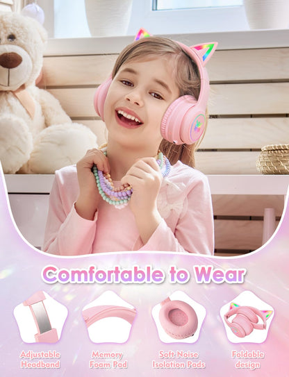 Bluetooth Kids Headphones with Microphone, Cat Ear LED Light Up and 85dB Volume Limited Toddlers Study Headphones, Wireless Foldable HI-FI sound Over-Ear School Headphones for iPhone/iPad/Laptop/PC
