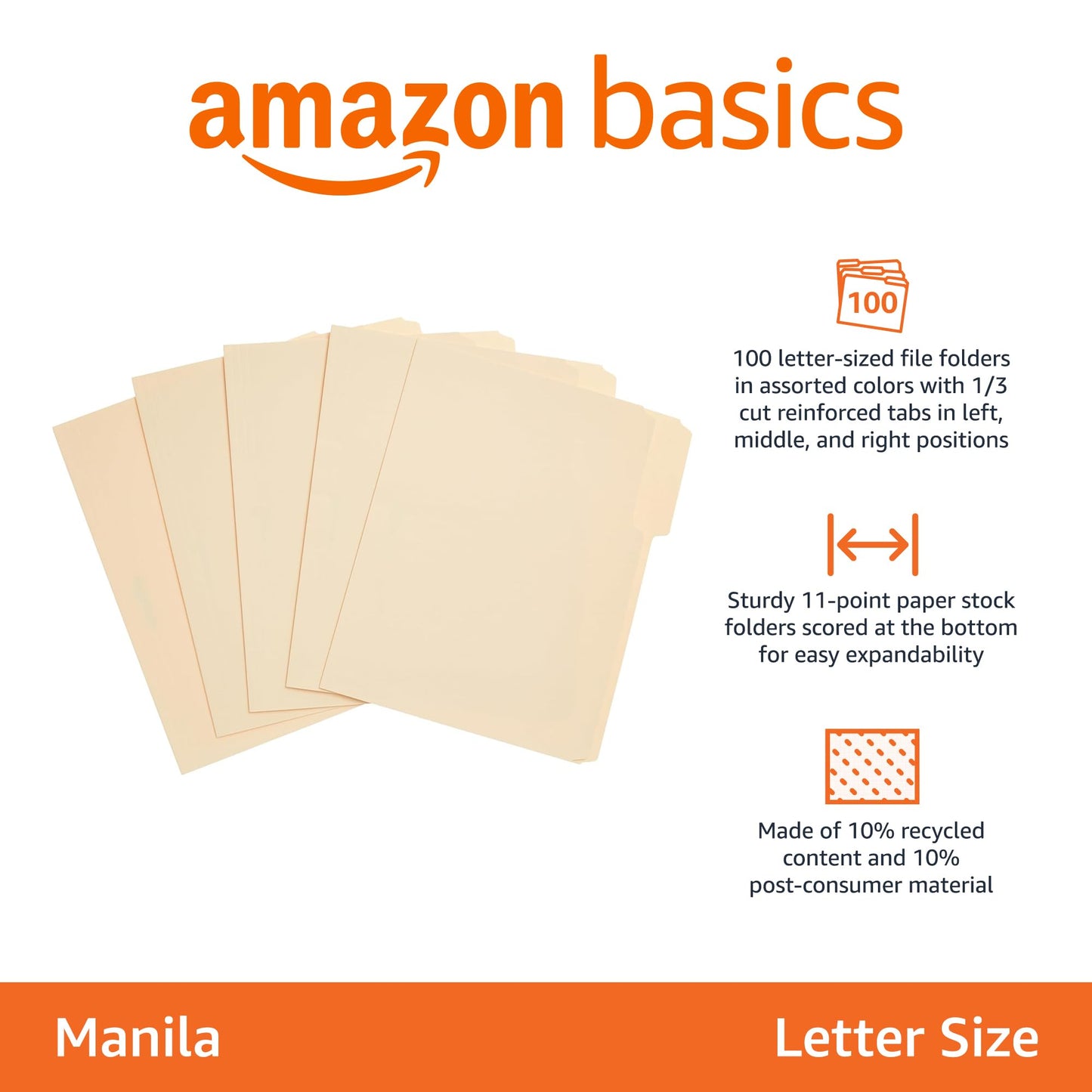 Amazon Basics File Folders with Tabs for Filing, 1/3-Cut Tab, Assorted Positions, 8.5x11 inches, Letter Size, Manila, Pack of 100