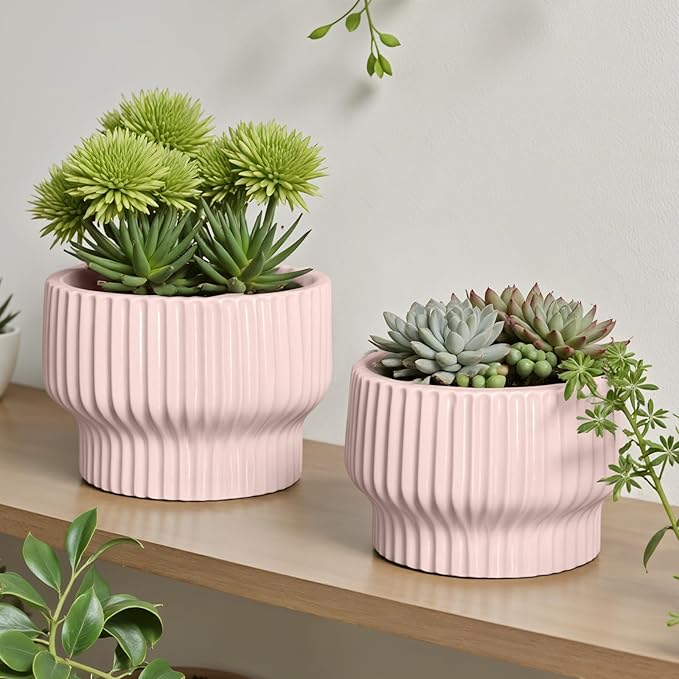 OXART Ceramic Pots for Plants, 7.7 Inch Round Plant Pot with Drainage Hole, Modern Outdoor Flower Pots Home Garden Decorative Planters for House Plants Indoor Planters (Pink)