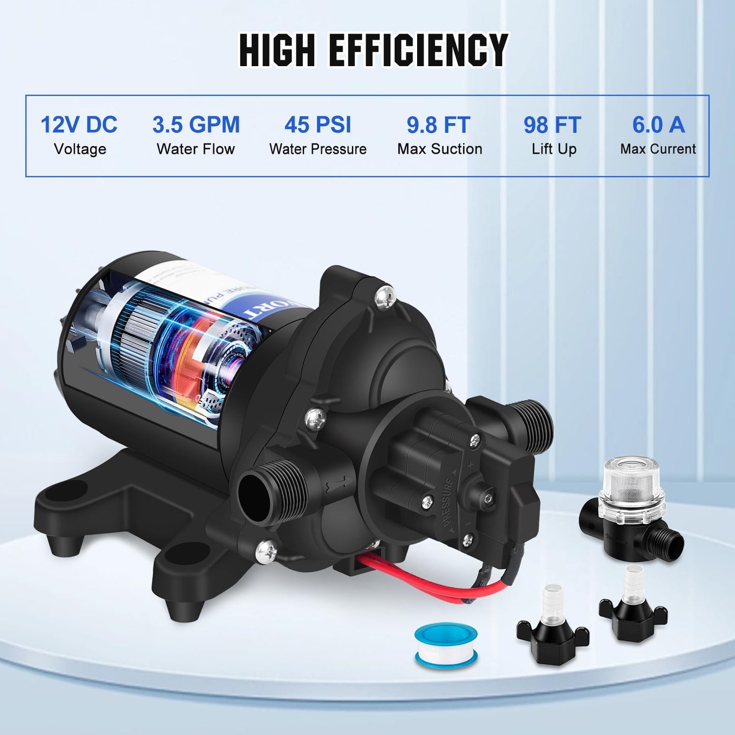 ECO-WORTHY RV Fresh Water Pump 12V DC 3.5GPM 45PSI with Pressure Switch, 12Volt Self Priming Water Pressure Diaphragm Pump On demand for RV Yacht Camper Sprayer Food Truck Black