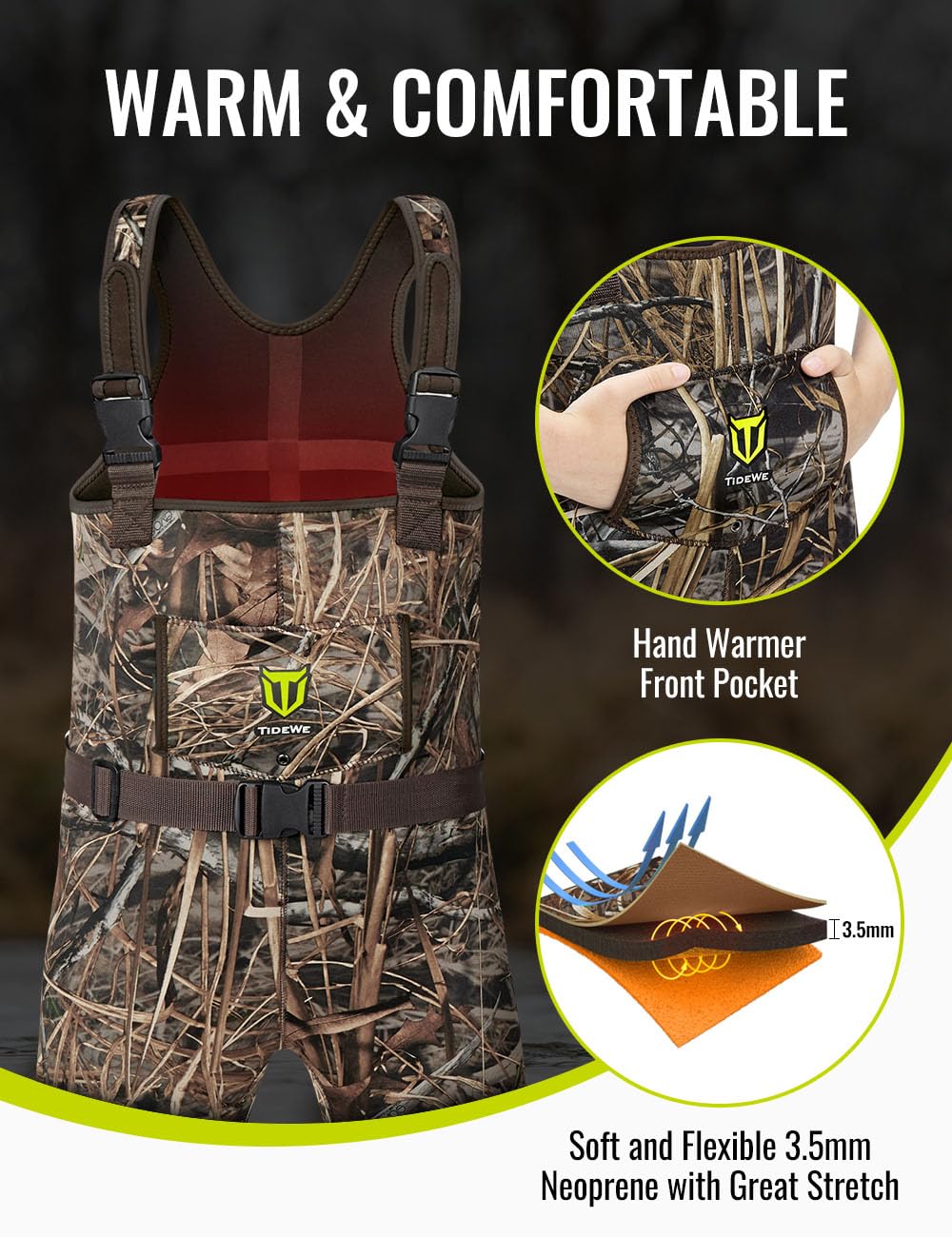 TIDEWE Chest Waders for Toddler & Children, Neoprene Waterproof Insulated Hunting & Fishing Youth Waders for Boy and Girl, Cleated Bootfoot Kids Wader, Next Camo Evos (Size 2T)