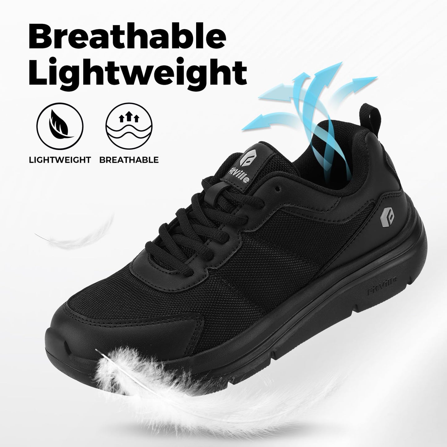FitVille Mens Extra Wide Fitting Trainers Lightweight Breathable Walking Sneakers Comfortable Shoes for Plantar Fasciitis Wide Feet Jet Black