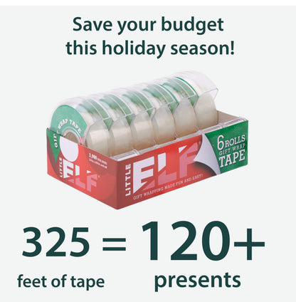 Little ELF Gift Wrap Tape, 6 Rolls, 3/4 x 650 Inches, Clear, Transparent Tape for Wrapping Paper, Christmas, Holiday