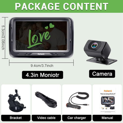 Baby Car Camera HD 1080P Baby Car Mirror 5 Mins Easy Installation Crystal Night Vision Infant Travel Safety Kit Rohent N06, Black, 4.3 Inch Screen