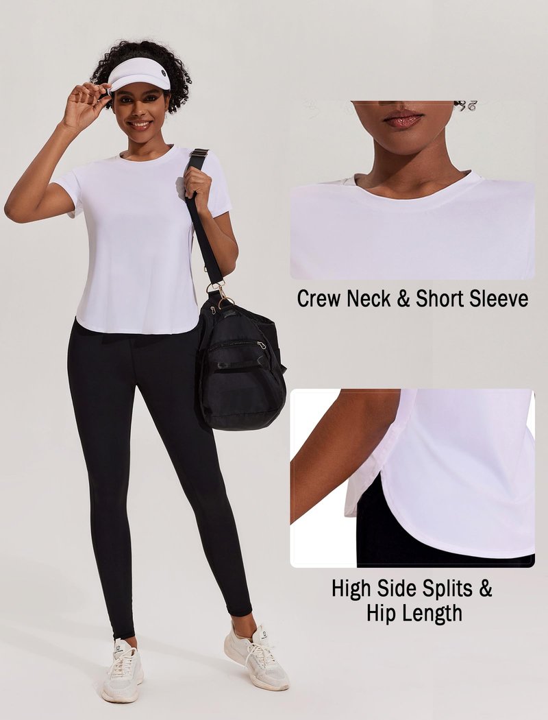 PINSPARK Womens Short Sleeve Workout Tops Sun Protection Running Shirt Side Split Athletic Tops Loose Workout Tshirts White L