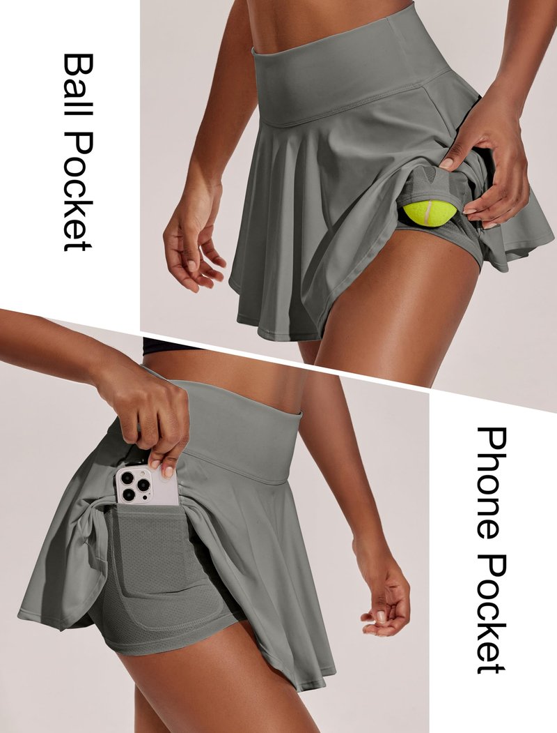 PINSPARK Tummy Control Tennis Skirt for Women with 2 Pockets Golf Skorts Skirts with Shorts Workout Running Grey Sage M