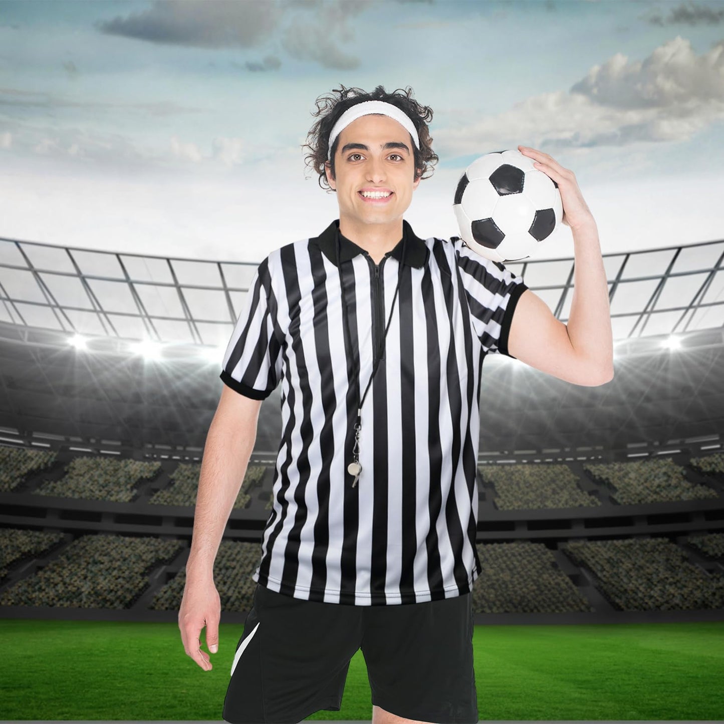 Syhood Men's Referee Shirt Stripe Umpire Jersey, Penalty Flag and Whistle for Football Soccer Sports and Halloween Cosplay(X-Large)