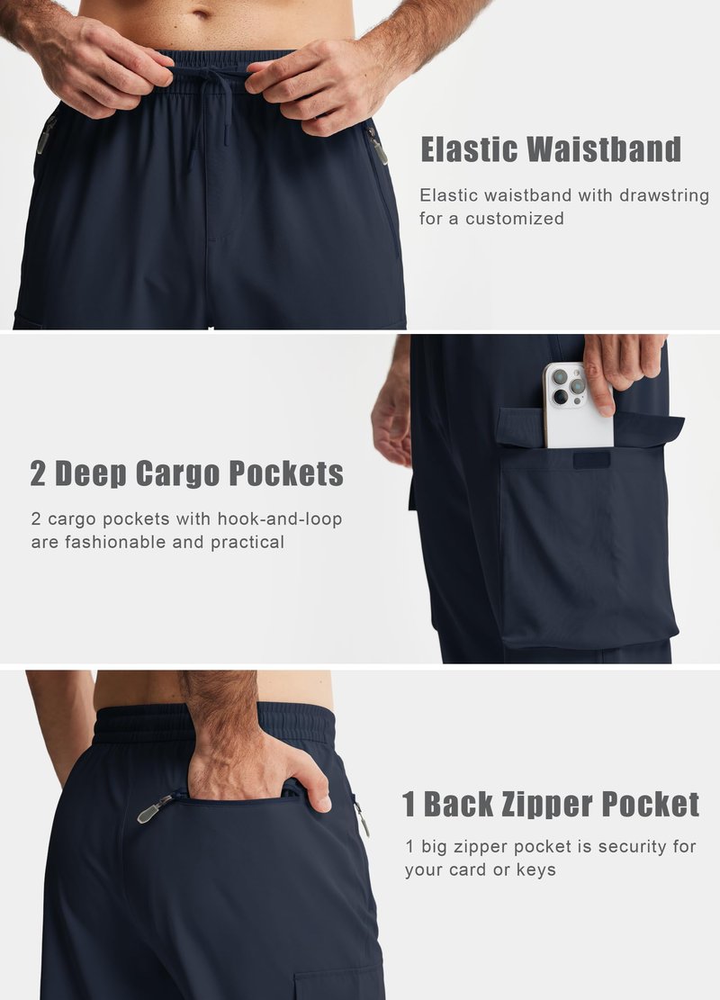 Men's Elastic Waist Hiking Pants Lightweight Quick Dry Cargo Track Pants Water Resistant Travel Outdoor Sweatpants Jogging Athletic Clothes with Zipper Pockets Navy Blue L