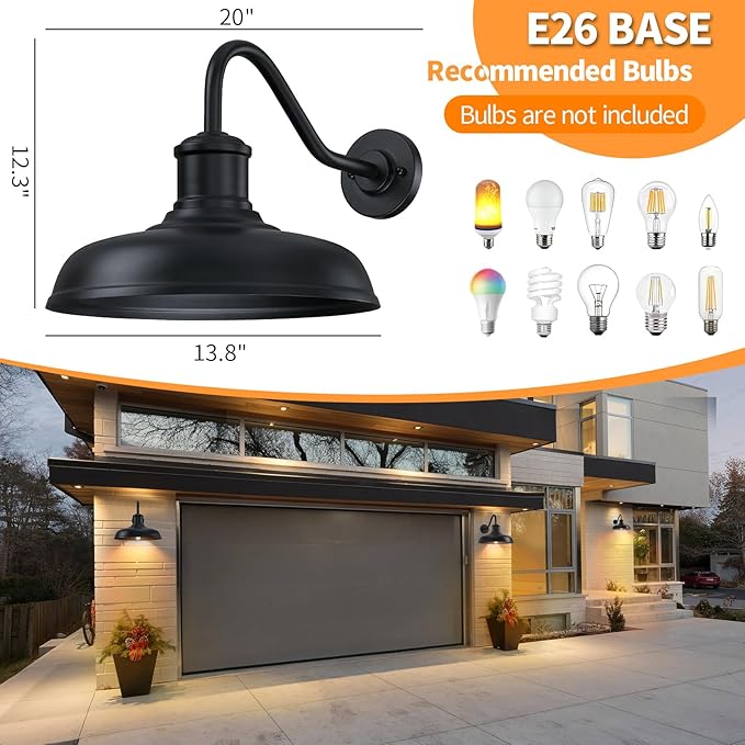 13.8'' Diameter Large Outdoor Gooseneck Barn Light 2 Packs, Outdoor Wall Sconce Farmhouse Exterior Light Wall Lighting Fixture Industrial Outside Lantern for Porch, Patio, Garage, Black (No Sensor)