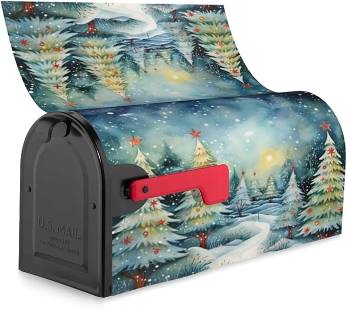 Festive Magnetic Mailbox Cover Christmas Forest Pattern Outdoor Mailbox Protector Holiday Seasonal Decorative Garden Yard Home Large Size 25.5 x 21 Inch