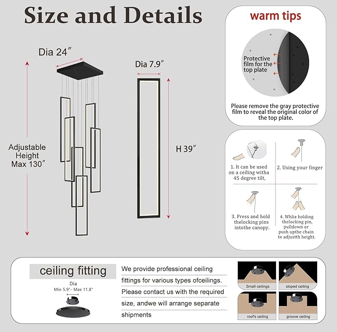 Flashing God Modern Chandelier,Black Chandelier with 6 Ring Led Foyer Chandeliers,Larger High Ceiling Chandelier for Living Room,Rectangle Chandelier for Entryway Staircase LED Dimming 2700k-6001k