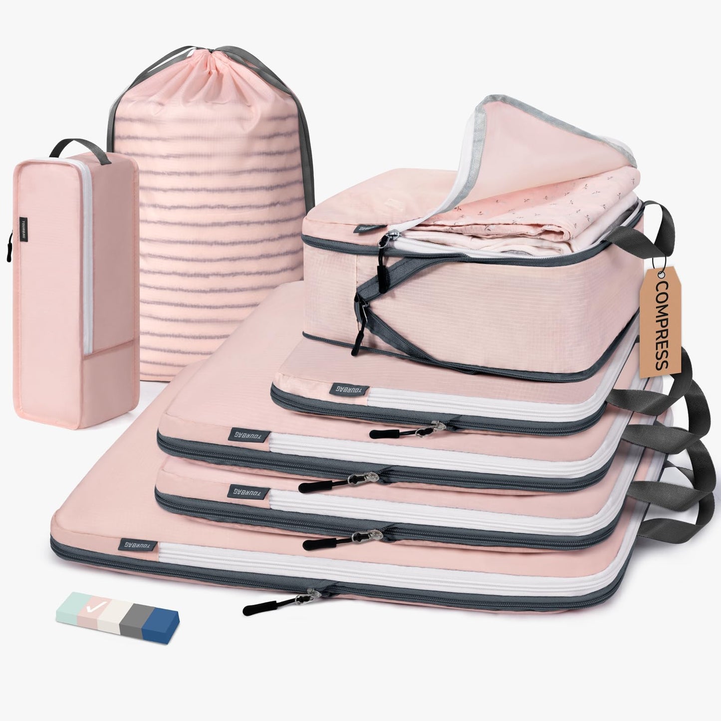 CherryNow Compression Packing Cubes, 7 Set Packing Cubes for Travel Women, Travel Essentials for Suitcase, Luggage Organizer Bags, Pink