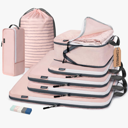 CherryNow Compression Packing Cubes, 7 Set Packing Cubes for Travel Women, Travel Essentials for Suitcase, Luggage Organizer Bags, Pink