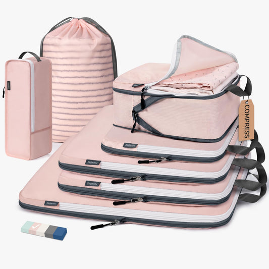 CherryNow Compression Packing Cubes, 7 Set Packing Cubes for Travel Women, Travel Essentials for Suitcase, Luggage Organizer Bags, Pink