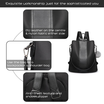 Miss Lulu Women Backpack Leisure Ladies Rucksack Water-Resistant Nylon School Bags Anti-Theft Daypack Shoulder Bag (black)