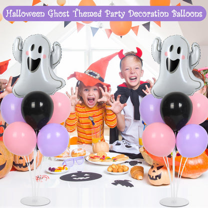 Halloween Ghost Party Balloons Stand Kit 2 Sets with 2 White Ghost Foil Balloons Pink Black and Purple Balloon Centerpiece for Tables for Trick or Treat Baby Shower Horror Birthday Party Decorations