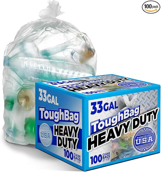 ToughBag 30-33 Gallon Clear Trash Bags Recycling Bag, Garbage Can Liners –