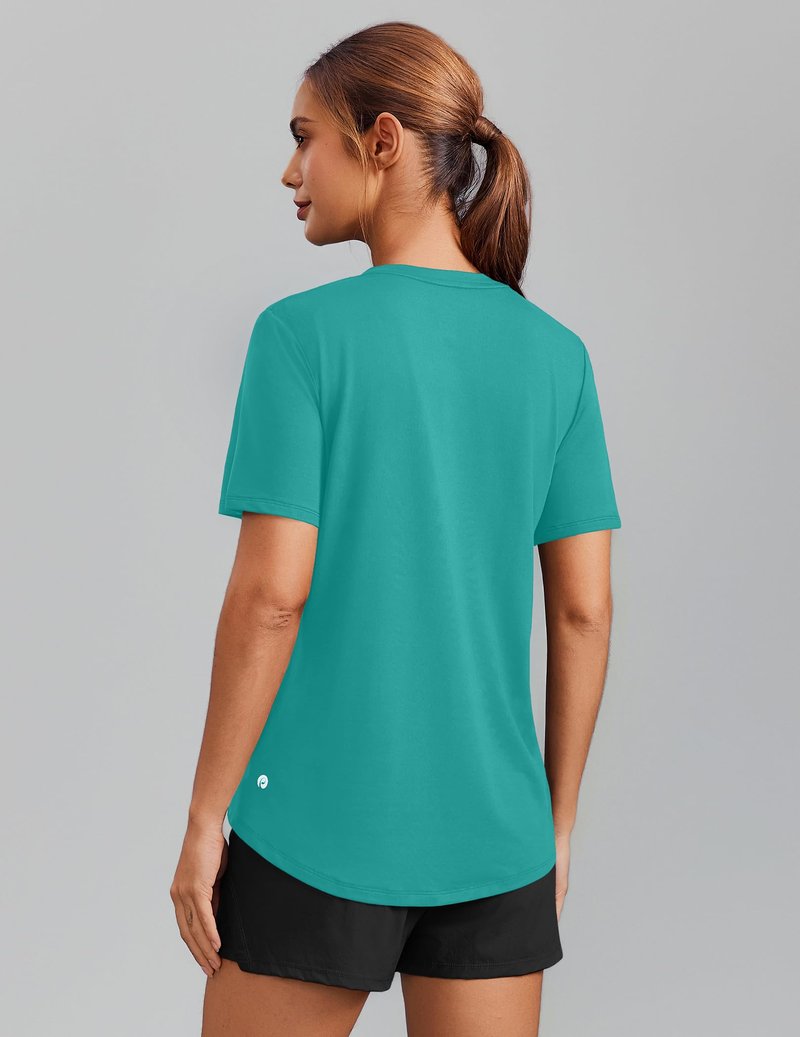 PINSPARK Moisture Wicking Shirts for Women Short Sleeve V Neck Quick Dry Workout Tops Athletic Gym Running T-Shirts Cooling,Teal Small
