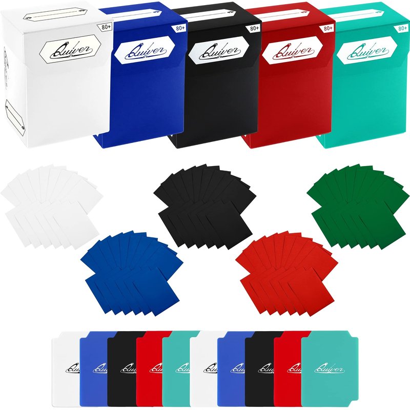Quiver Time Trading Card Deck Blocks and Card Sleeve Bundle Fits Magic: the Gathering Cards & Other TCGs – 5x 80+ Standard Deck Box with 2 Dividers/Box + 500 Artemis Mixed Sleeves (66x93 mm)