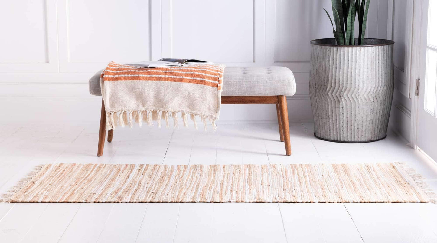 Unique Loom Chindi Cotton Collection Soft Hand Woven Natural Fiber Striped Area Rug, 2 ft x 6 ft, Beige/Ivory