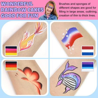 Drawdart Professional Face Painting Kit for Kids Adults, Rainbow Split Cake Face Paint Palette 12 x 10gm+ 4 Colors Pro Pressed Glitter Eyeshadow Palette, with Brushes Sponges Gems Stencils