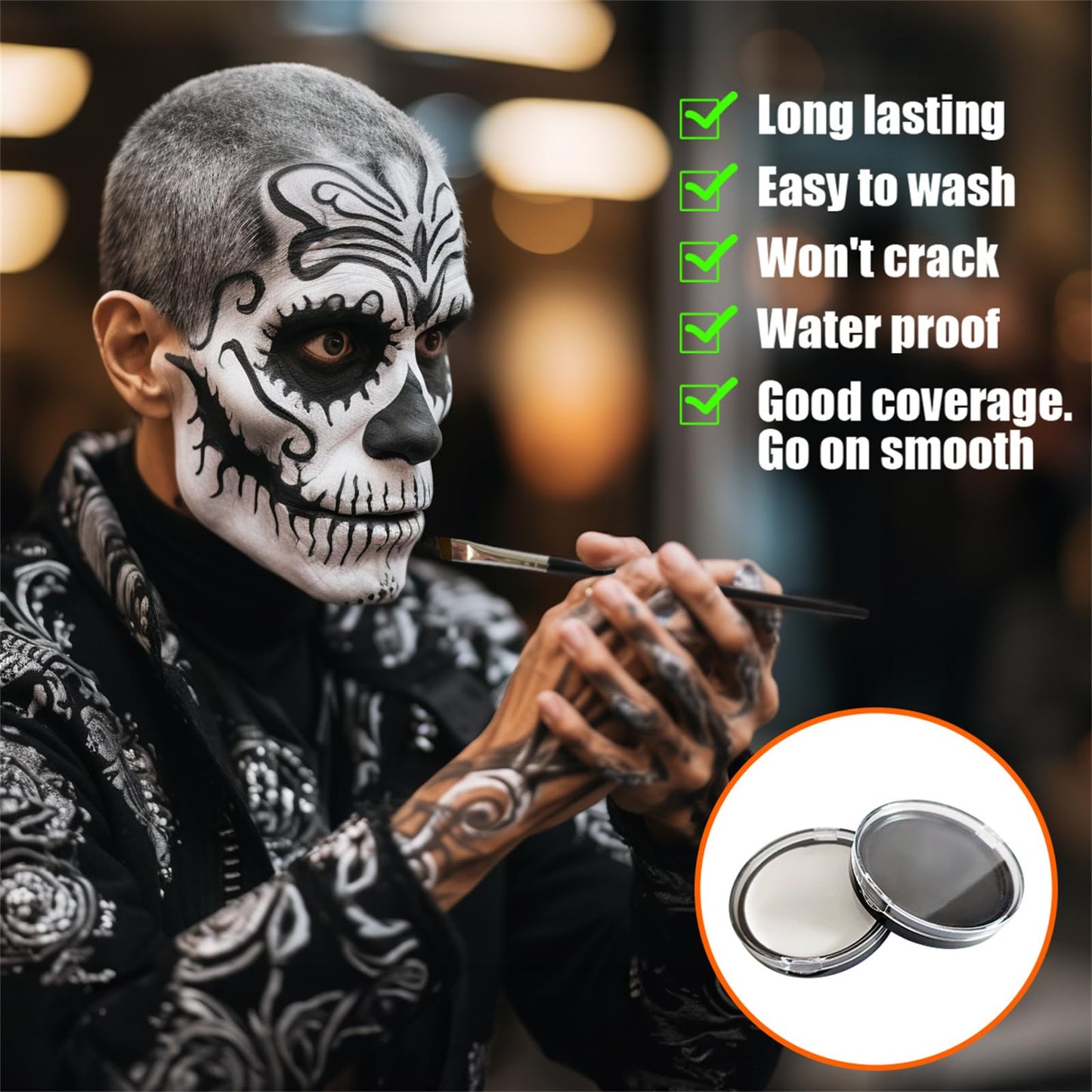 Jim&Gloria Black and White Face Paint with Brush, Waterproof Day of the Dead Tattoo Professional SFX Makeup Kit for Joker, Clown, Mime, Cosplay, Costume Skull Skeleton, Sports Body Painting Set