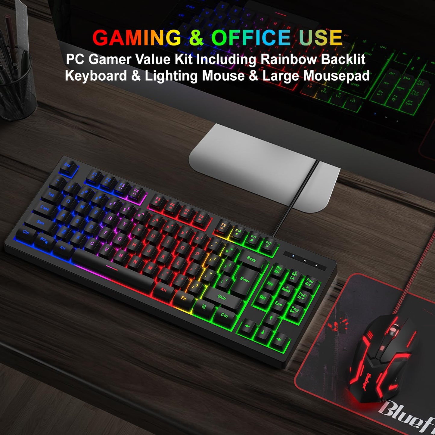 BlueFinger RGB 87 Keys Gaming Keyboard and Backlit Mouse Combo, 75% USB Wired Rainbow Keyboard, Gaming Set for Laptop PC Computer Game and Work