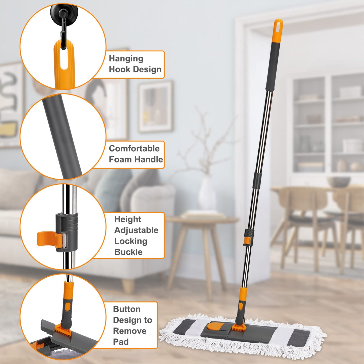 MASTERTOP Flat Mop, 60cm Wide Industrial Mops with Stainless Steel Long Handle, Commercial Pure Cotton Mop with 2 Reusable Pads, Wet and Dry Floor Mops for Hard Laminate Floors Cleaning