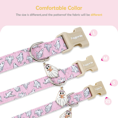 Faygarsle Pink Ghost Pattern Dog Collar with Charm, Halloween Pet Necklace, Adjustable Collar for Small Medium Large Dogs M