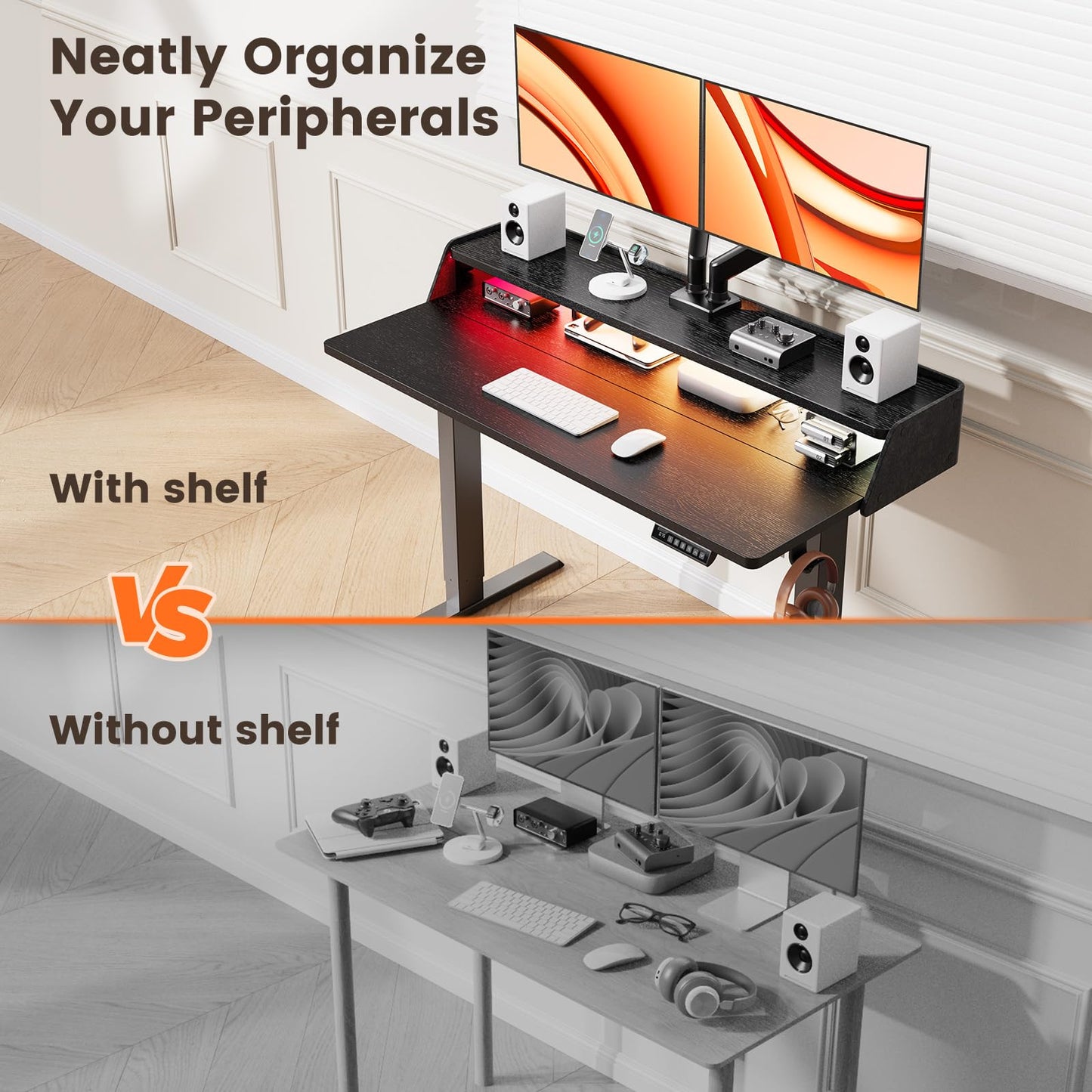 ErGear Standing Desk with LED Strip, 48″ x24″ Electric Height Adjustable RGB Gaming Desk with Shelf, Sit Stand Desk with Dual Cable Holes, C-Clamp Mount Compatible, 4 Preset Heights, Black