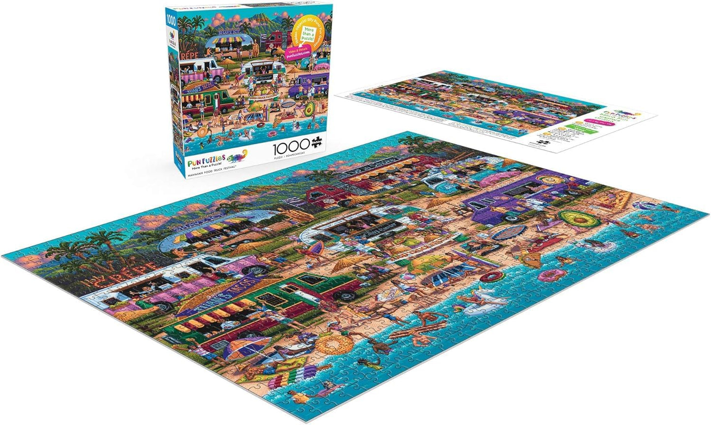 Buffalo Games - Pun Fuzzles - Hawaiian Food Truck Festival - 1000 Piece Jigsaw Puzzle For Adults -Challenging Puzzle Perfect for Game Nights - Finished Size is 26.75 x 19.75