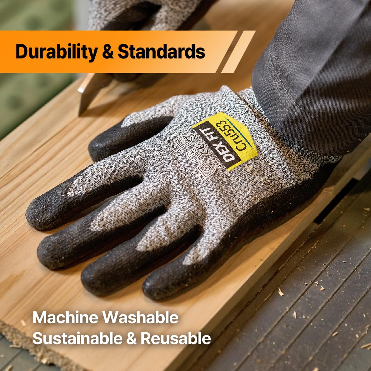DEX FIT Level 5 Extreme Cut Resistant Gloves Cru553, Non-Slip Power Grip, Professional Grade 3D Comfort Fit, Thin & Lightweight, Breathable, Touchscreen Compatible, Itch-Free; Black Grey M 1 Pair