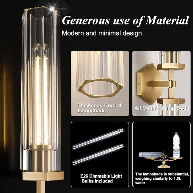 Crystal Bathroom Vanity Wall Sconces Set of Two Gold Modern Sconces Wall Lighting, 28.5in Brass Vanity Lights,Indoor Linear Wall Sconce Light for Bedroom,Hallway,Staircase,Living Room,Dining Room