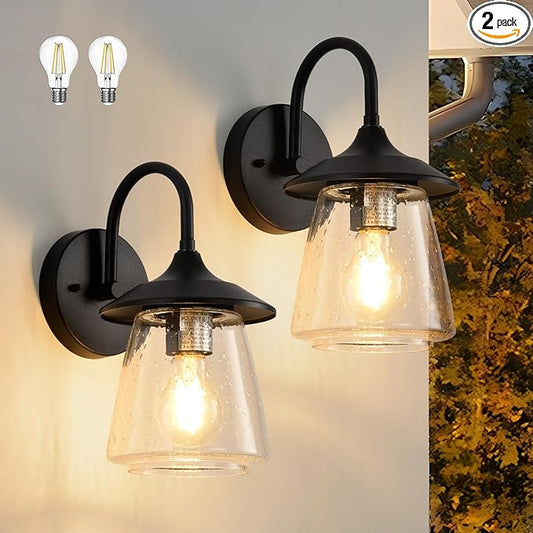 Outdoor Wall Sconce, Exterior Waterproof Wall Light Fixture, Outside Porch Light with Bubble Glass Shade, Matte Black Outdoor Wall Lantern for Patio, Garage, entryway, 2-Pack