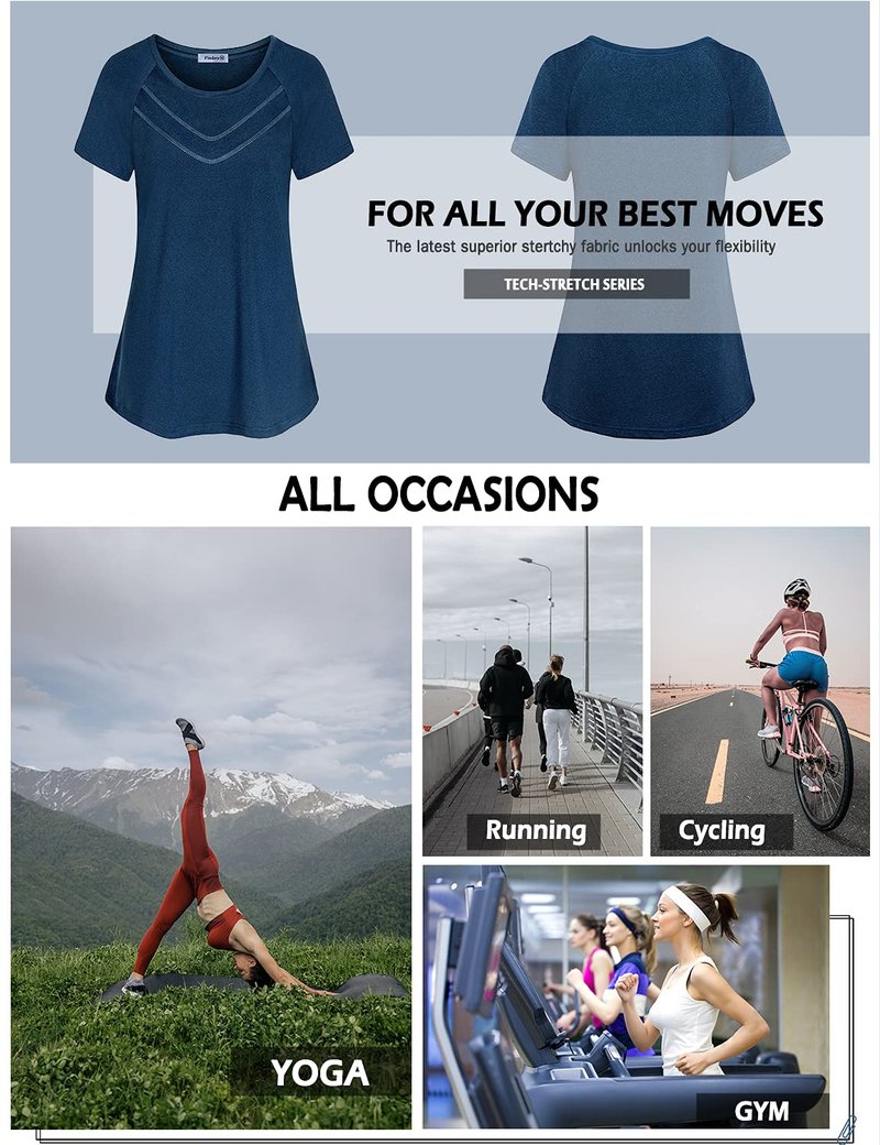 Vldnery Sweat Wicking Workout Tops for Women Short Sleeve Yoga Activewear Running Shirts Gym Athletic T-Shirts Crewneck Sports Clothes, Dark Blue Large