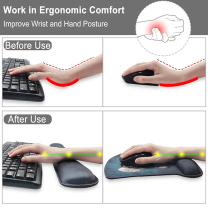 Ergonomic Mouse Pad and Keyboard Wrist Rest, Mouse Pad Wrist Support with Non Slip Rubber Base Mousepad Set + Coaster for Computer, Laptop, Easy Typing & Pain Relief, White Art Face